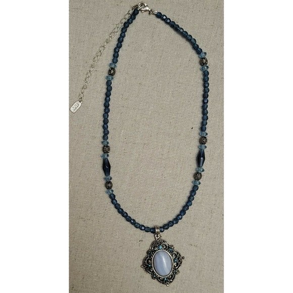 VTG 1928 Victorian Style Blue Lace Agate & Rhinestone Pendant Beaded Necklace - Picture 5 of 5